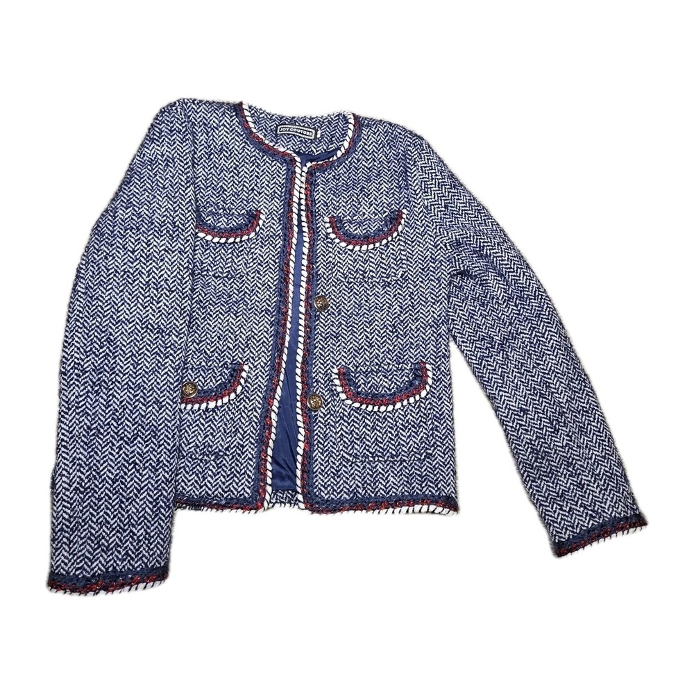 Joy Couture Navy Herringbone Tweed Jacket Braided Trim Gold Buttons Cropped S